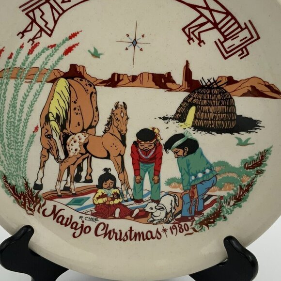 Vtg Navajo Christmas Plate Hand Painted Kay Mallek 1980 10th Issue R. Chee - Picture 4 of 6